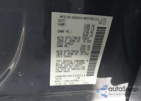 2012 Nissan Titan Pro-4X из США, поврежденный, VIN 1N6BA0ECXCN319211